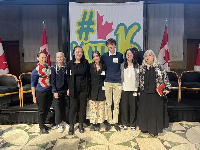 Emily Chan (Lawyer, Justice for Children and Youth), Mary Birdsell (Executive Director, Justice for Children and Youth), Katie Yu, Amelia Penney-Crocker, Jacob Colatosti, Catherine He (Youth Litigants), and Cheryl Milne (Executive Director, Asper Centre)