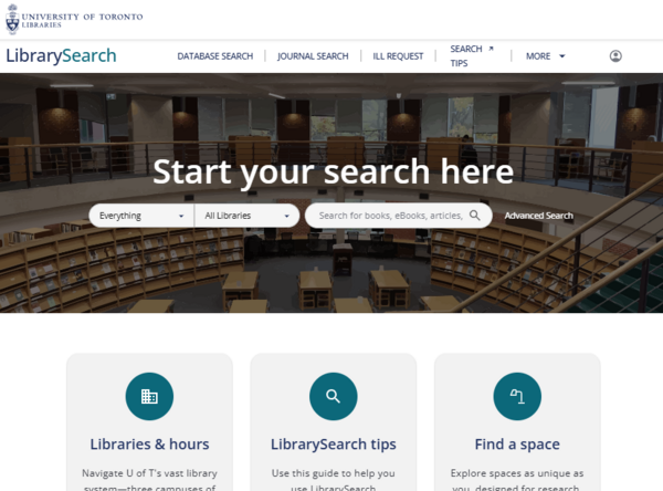 Screenshot of new U of T Libraries' library catalogue start page.