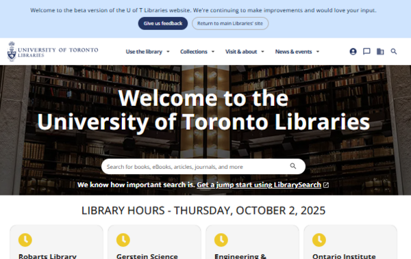 Screenshot of U of T Libraries website homepage.